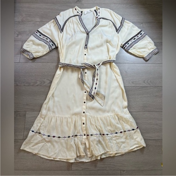 BA&SH Patty Embroidered Button Front Tie Waist Midi 3/4 Sleeve V-Neck Dress - Picture 8 of 13